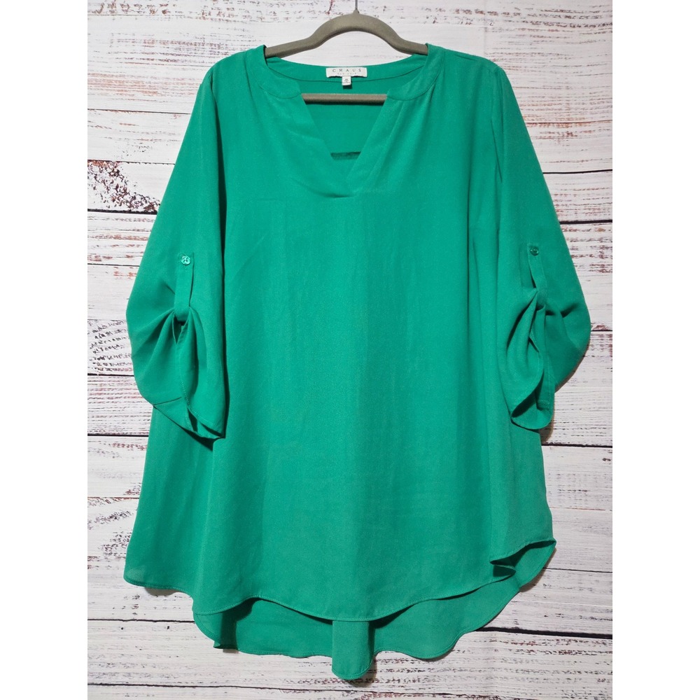 Chaus New York Kelly  Green Chiffon Roll Tab Sleeve V-Neck Blouse Plus Size 1X